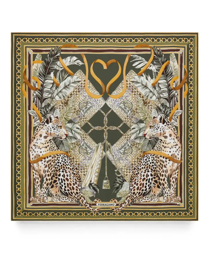 Ferragamo Seidenschal mit Feline-Print - Grün Grün
