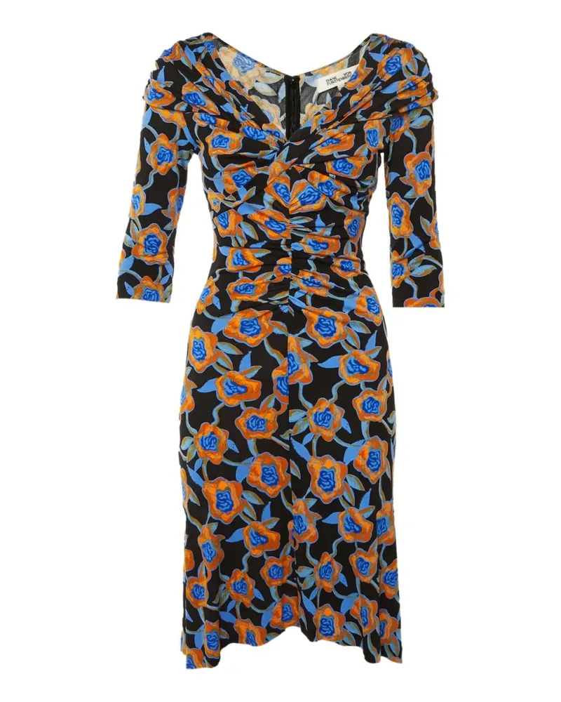 Diane von Furstenberg Gerafftes Oracle Midikleid mit Rosen-Print - Schwarz Schwarz