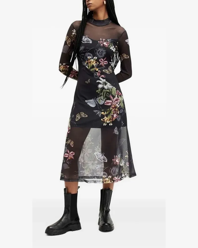 AllSaints Midikleid mit Blumenmuster - Schwarz Schwarz