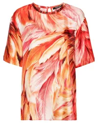 Roberto Cavalli Seiden-T-Shirt mit Gefieder-Print Orange