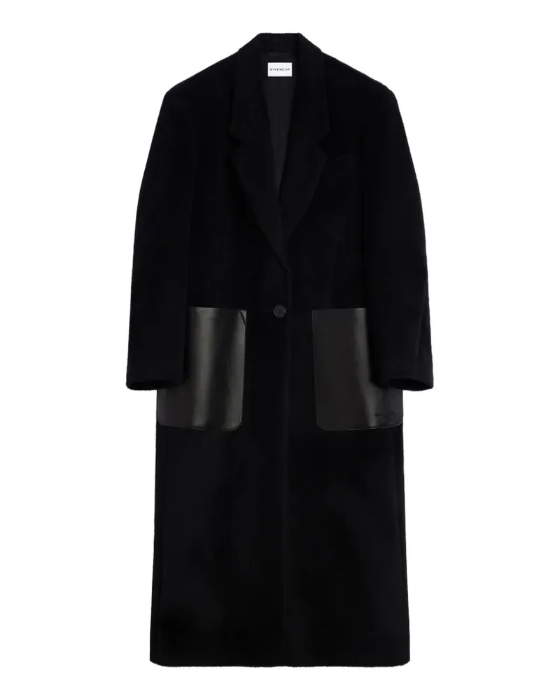 Givenchy Langer Mantel aus haariger Wolle mit Ledertaschen - Schwarz Schwarz