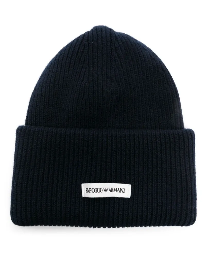 Emporio Armani Grob gestrickte Mütze mit Logo-Patch - Blau Blau