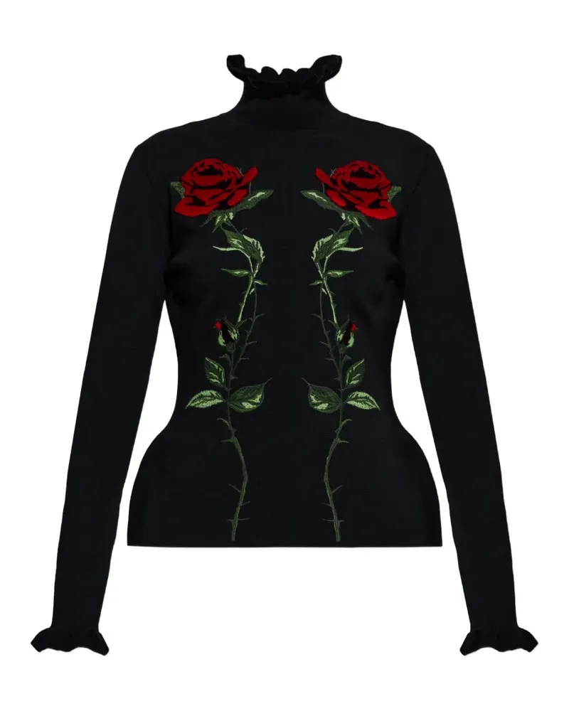 Blumarine Pullover mit Schößchen und Rosenstickerei - Schwarz Schwarz