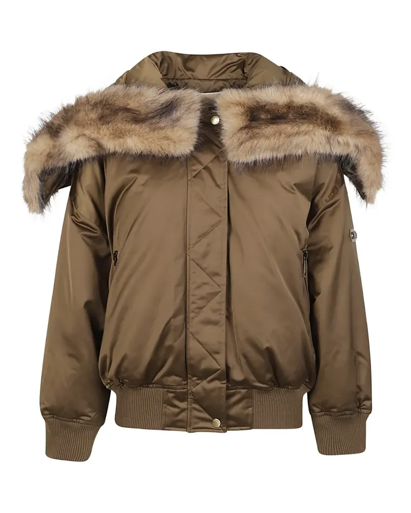 Michael Kors faux-fur-trimmed satin ciré hooded bomber jacket - Braun Braun