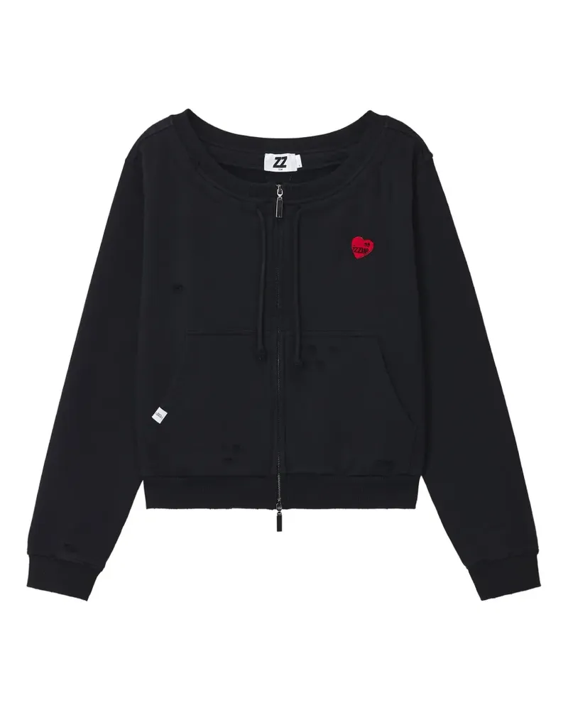 Izzue distressed heart-patch zip-up sweatshirt - Schwarz Schwarz