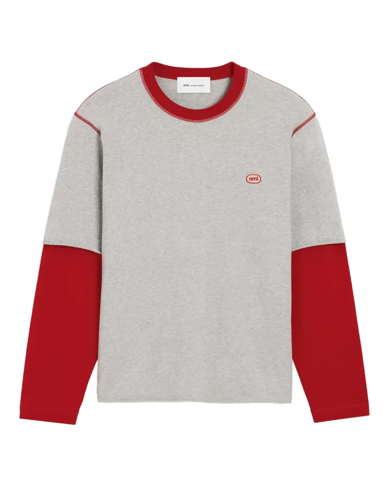 AMI Paris T-Shirt aus Baumwolle mit doppelten Ärmeln und Ami-Patch - Grau Grau