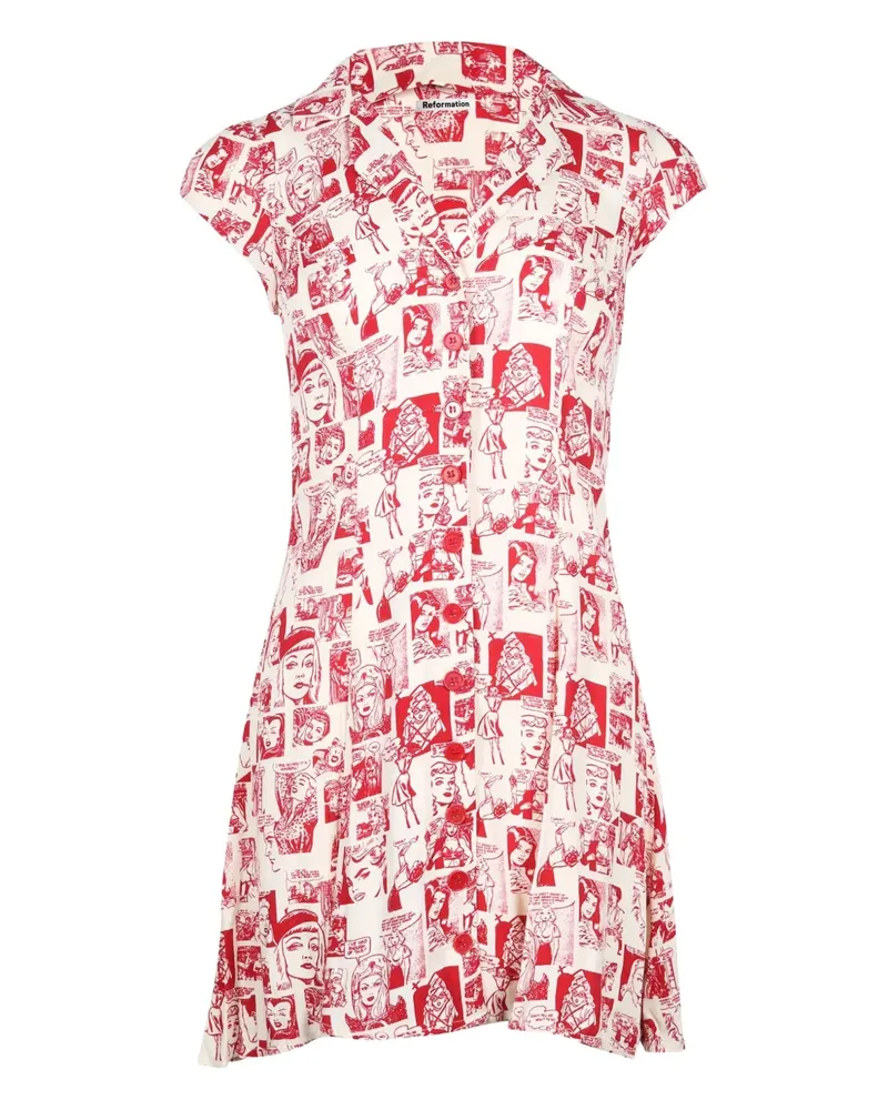 Reformation comic-print collared mini dress - Weiß Weiß