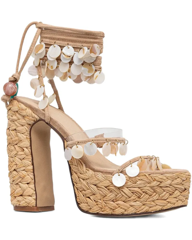 Naked Wolfe Fantastic Plateau-Espadrilles aus Raffiabast mit Muschelverzierung 130mm - Nude Nude