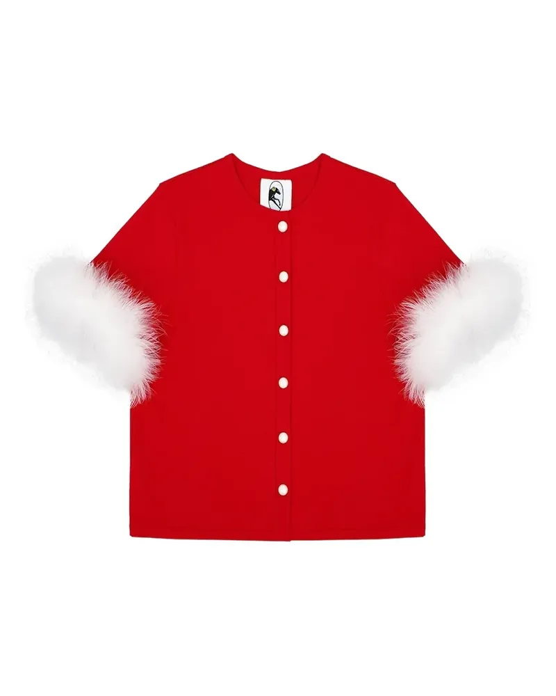 SLEEPER Miss Kitty Short Sleeve Cardigan with Detachable Feathers in Red - Rot Rot