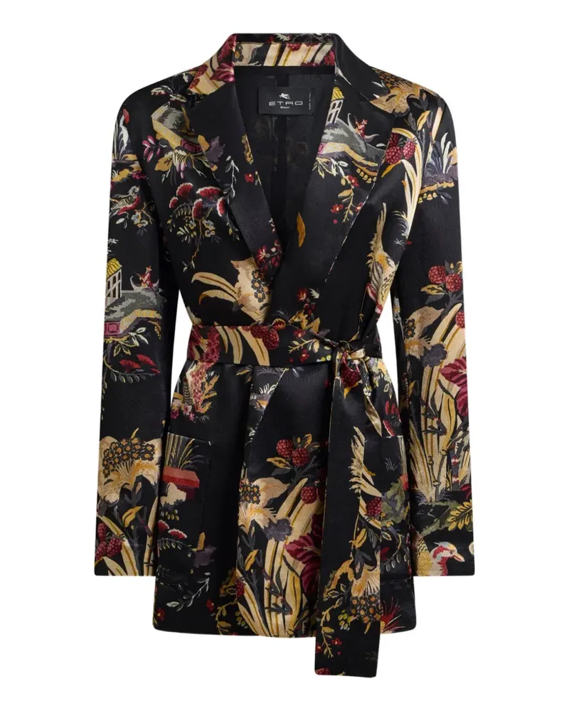 Etro Envers Satin-Jacke mit Gürtel, Blumen- und Tiermotiv - Schwarz Schwarz