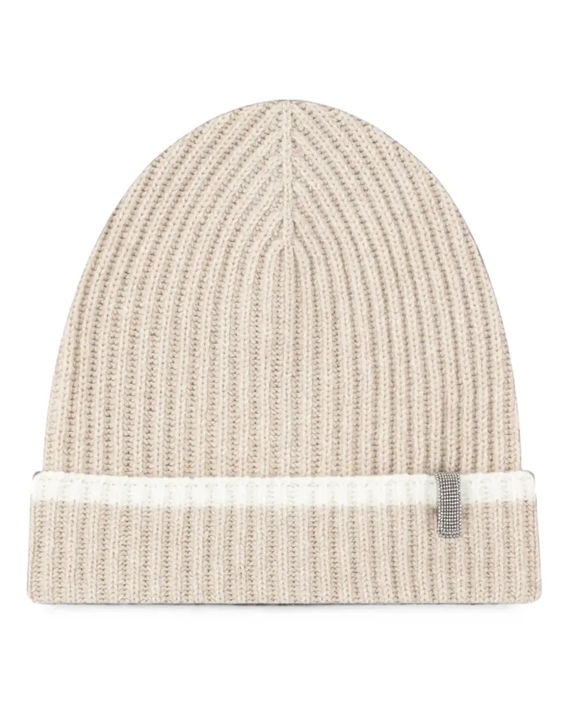 Brunello Cucinelli ribbed-knit Monili-embellished beanie - Nude Nude