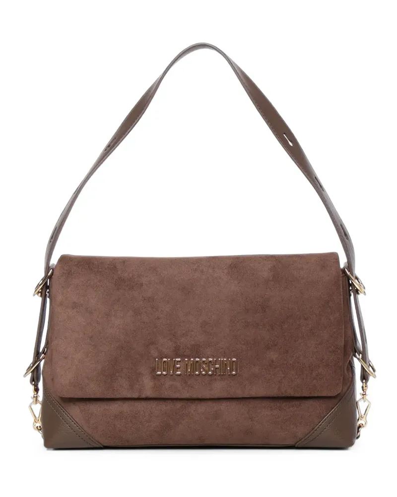 Moschino logo-plaque suede-effect shoulder bag - Braun Braun