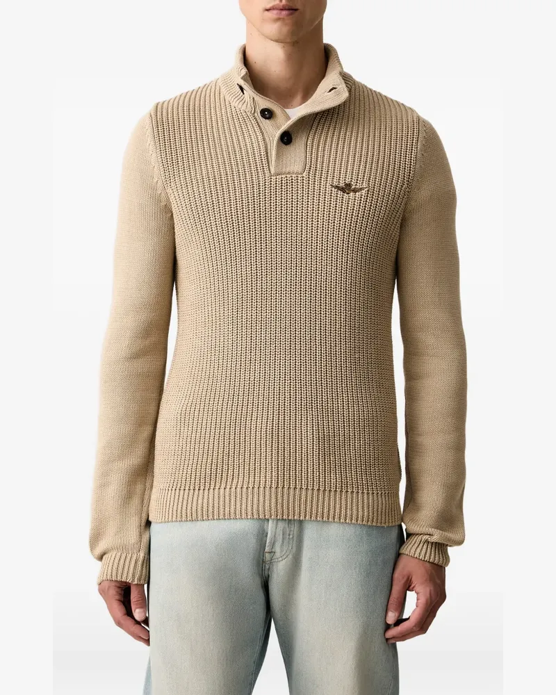 Aeronautica Militare ribbed button-neck cotton sweater - Braun Braun