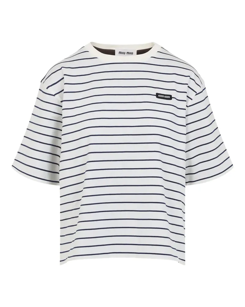 Miu Miu Gestreiftes T-Shirt mit Logo - Weiß Weiß