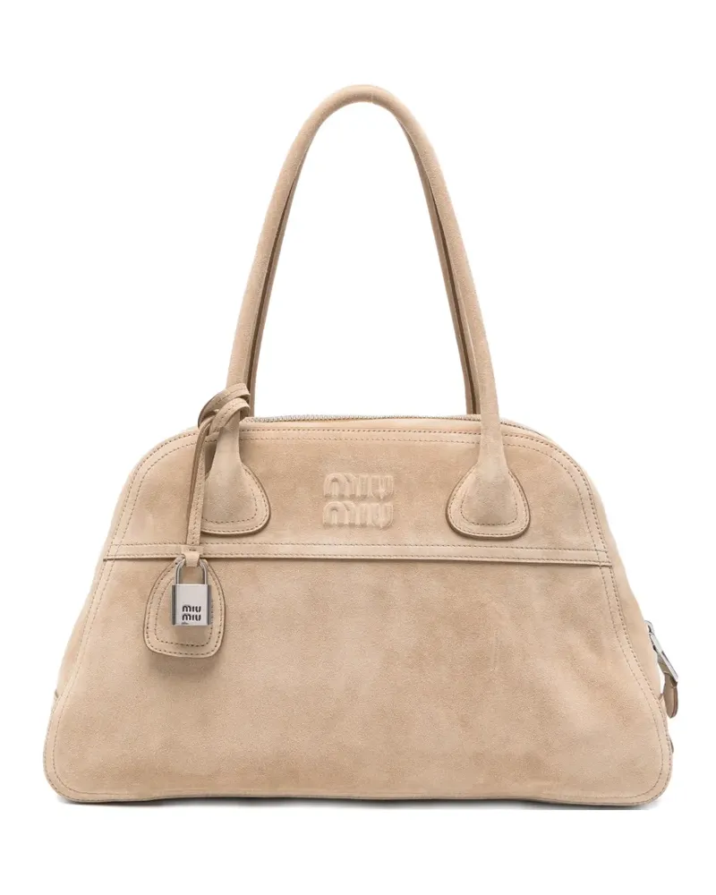 Miu Miu logo-embossed suede tote bag - Nude Nude