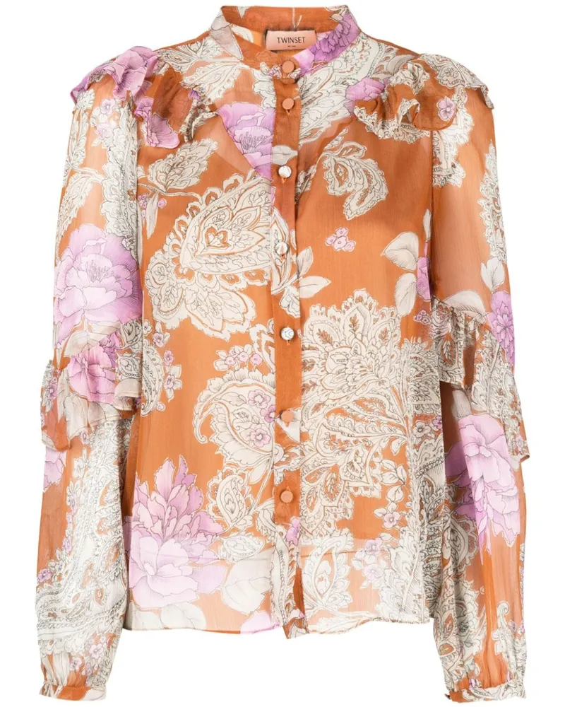 Twin-Set Gerüschte Bluse mit Blumen-Print Orange