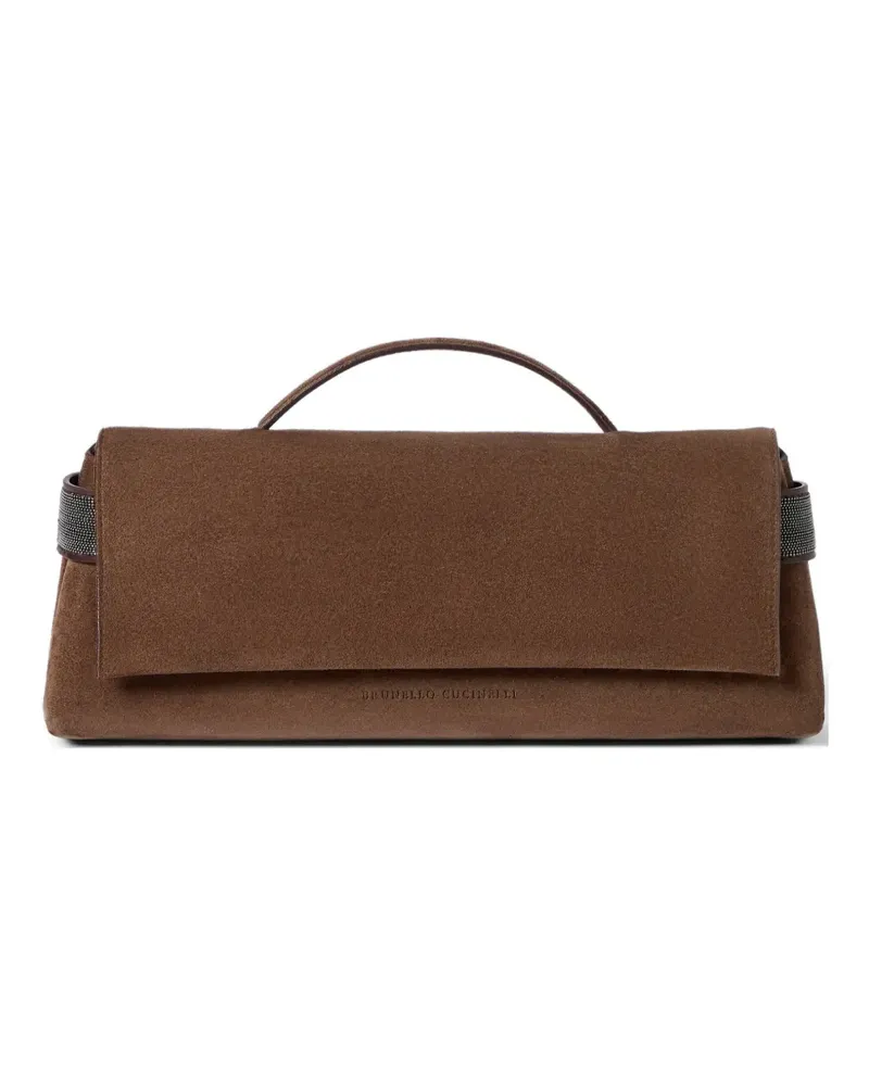Brunello Cucinelli Essence Clutch aus Wildleder mit eleganten Bändern - Braun Braun
