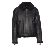 Lederjacke mit Pelzkragen und Reißverschlusstasche - Schwarz