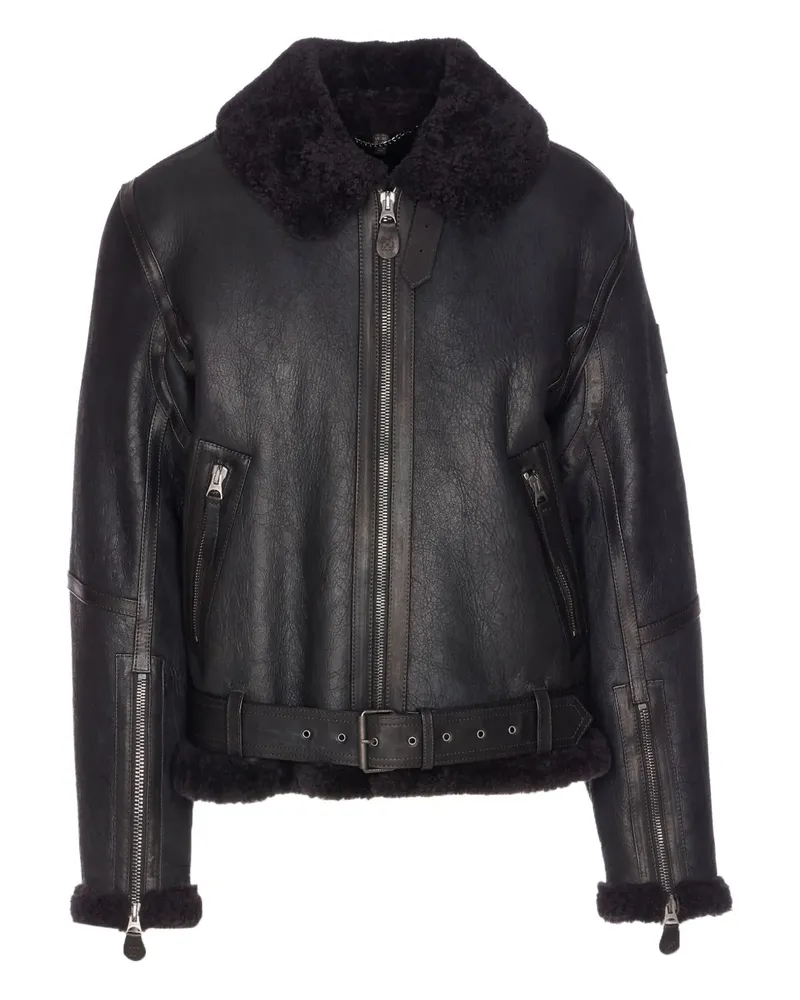 Belstaff Lederjacke mit Pelzkragen und Reißverschlusstasche - Schwarz Schwarz