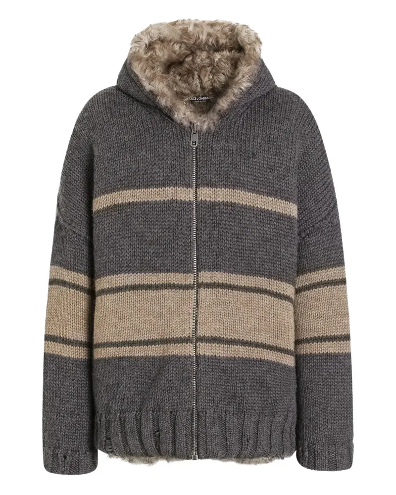 Dolce & Gabbana Gestreifter Hoodie mit Pelzbesatz - Grau Grau