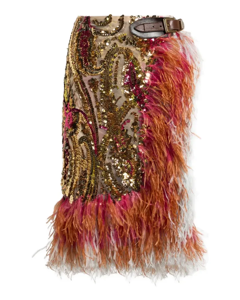 Etro Paillettenrock mit Federbesatz - Gold Gold