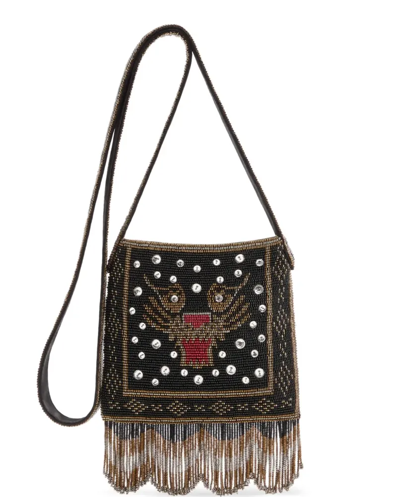 Valentino Garavani Kleine bestickte Nellcôte Schultertasche mit Fransen - Schwarz Schwarz
