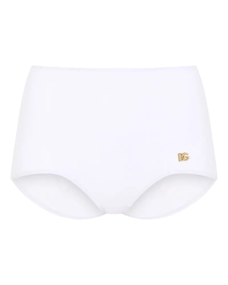 Dolce & Gabbana Taillenhohe Bikini-Shorts mit Logo-Schild - Weiß Weiß