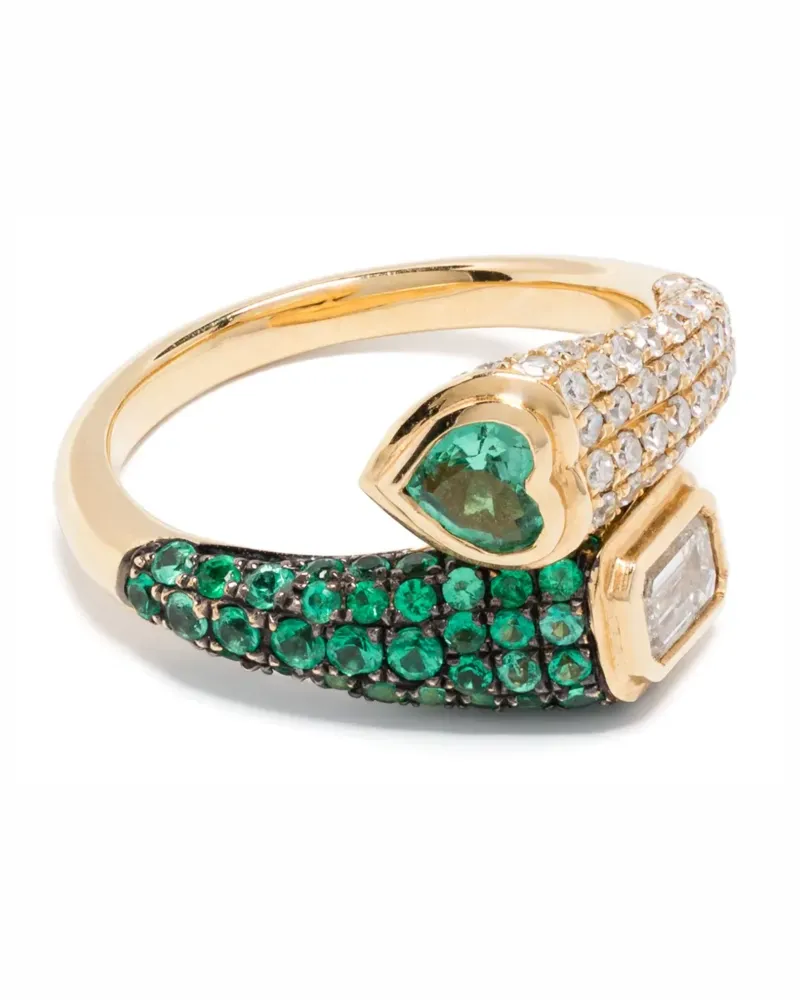 SHAY 18kt Mixed Bypass Gelbgoldring mit Diamanten und Smaragd Gold