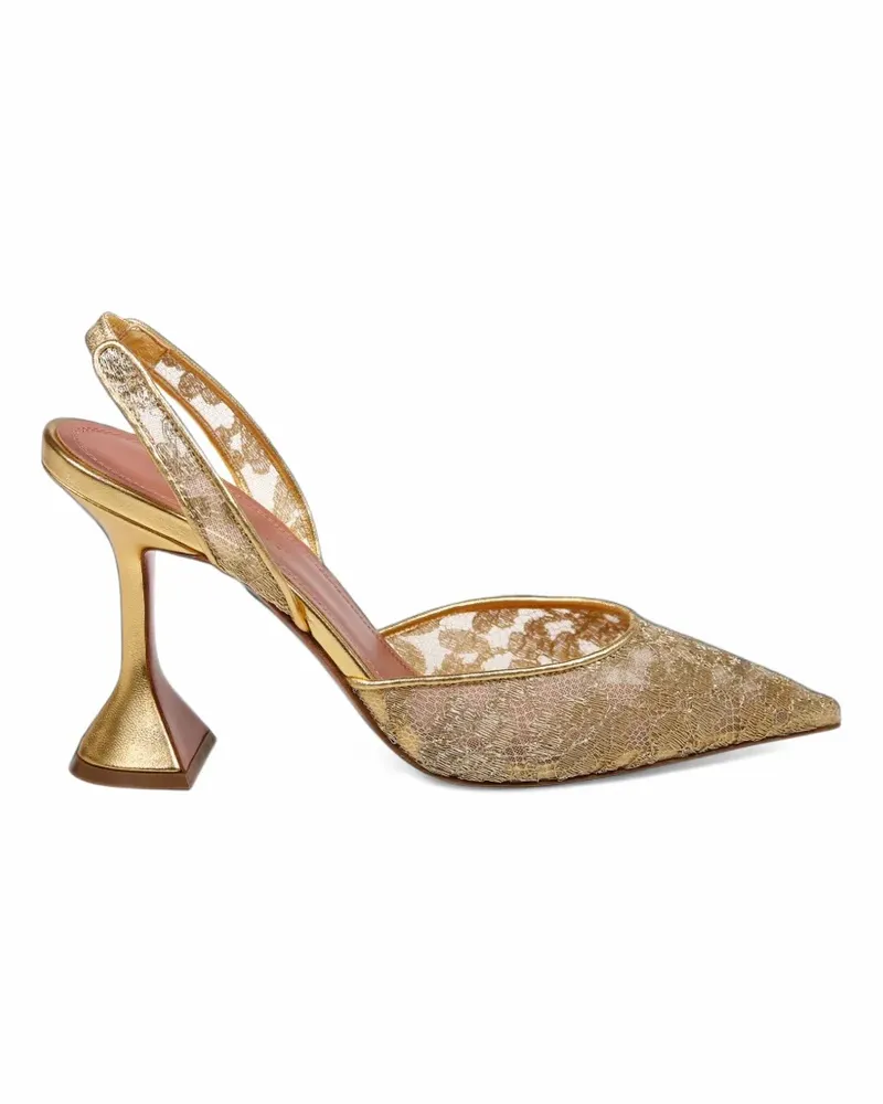 Amina Muaddi Holli Lace Sling 95 Pumps aus goldfarbener Spitze und goldfarbenem Nappaleder Gold