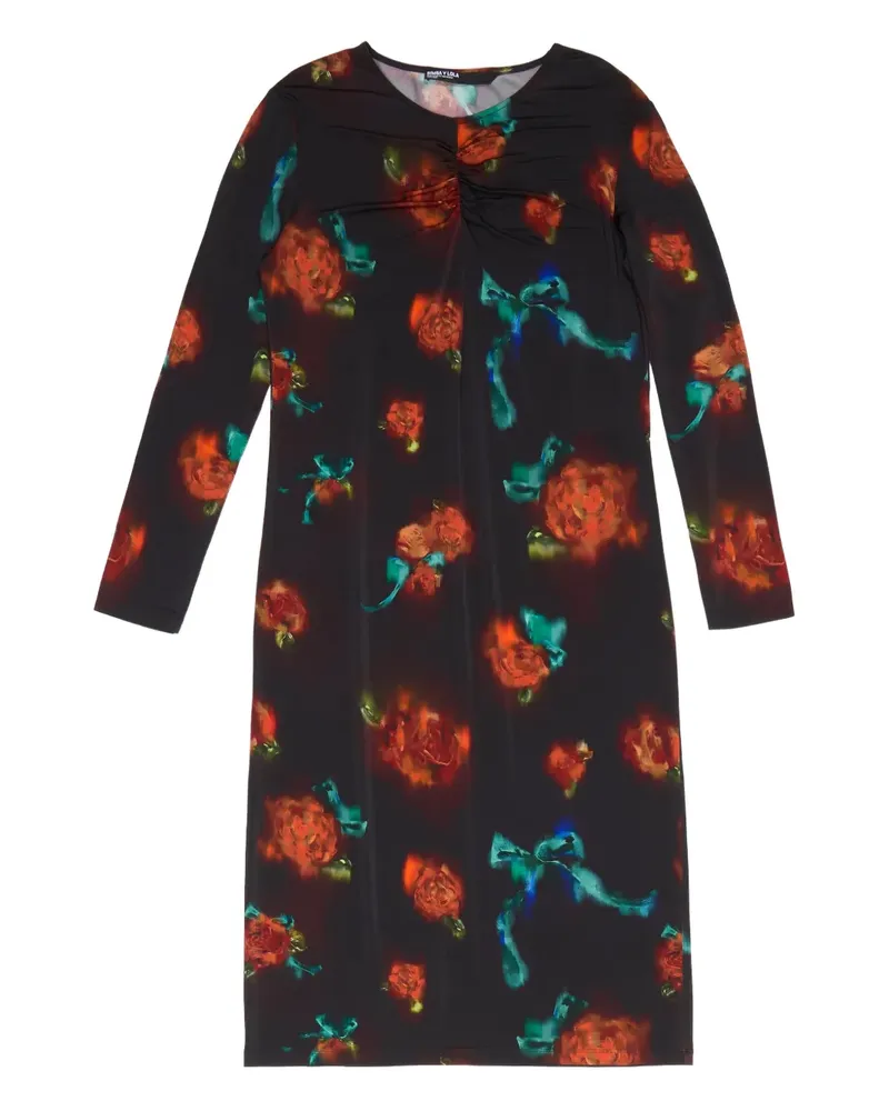 BIMBA Y LOLA Gerafftes Midikleid mit Blumenmuster - Schwarz Schwarz