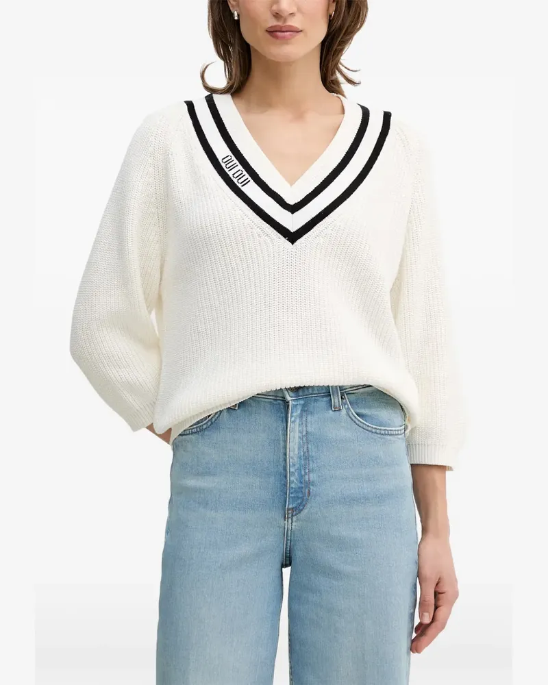 Oui  Gestreifter Pullover mit V-Ausschnitt - Weiß Weiß