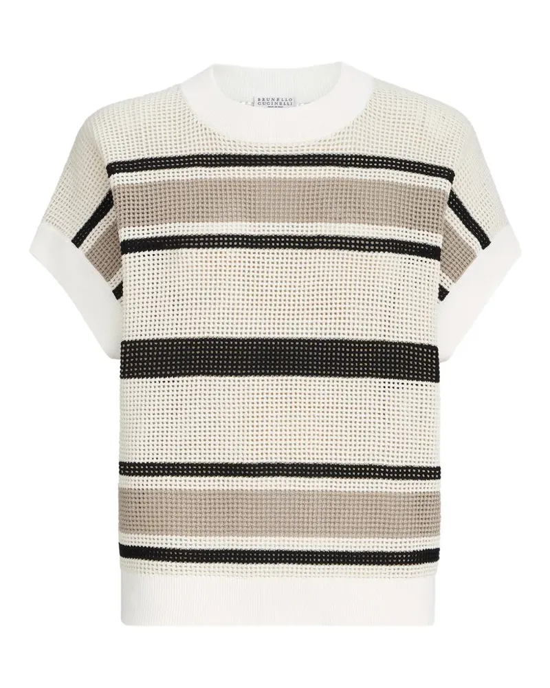 Brunello Cucinelli striped cotton net knit T-shirt - Nude Nude