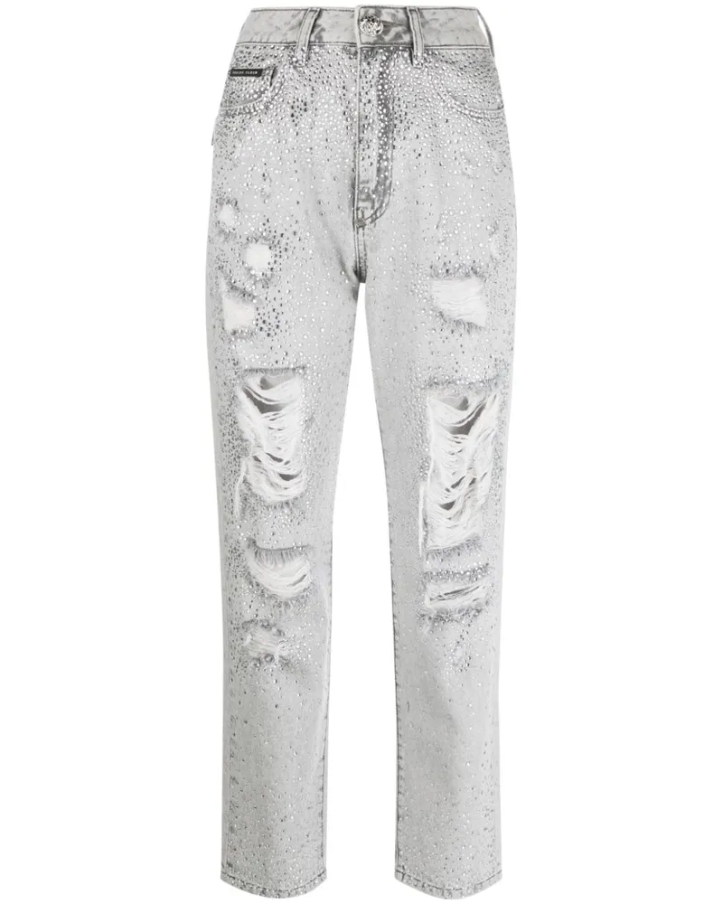 Philipp Plein Kristallverzierte Boyfriend-Jeans Grau