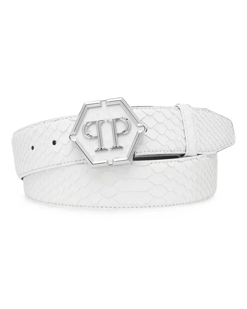 Philipp Plein hexagonal logo-buckle python-effect belt - Weiß Weiß