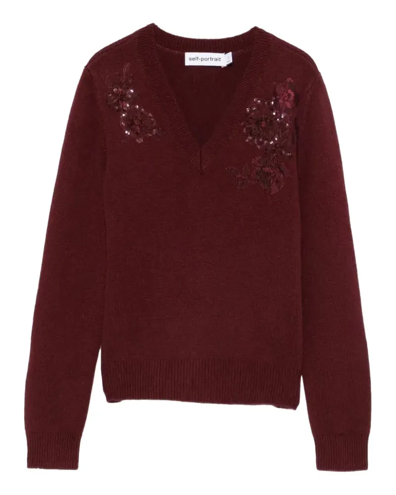 Self-Portrait Pullover mit bordeauxfarbener Blume - Rot Rot