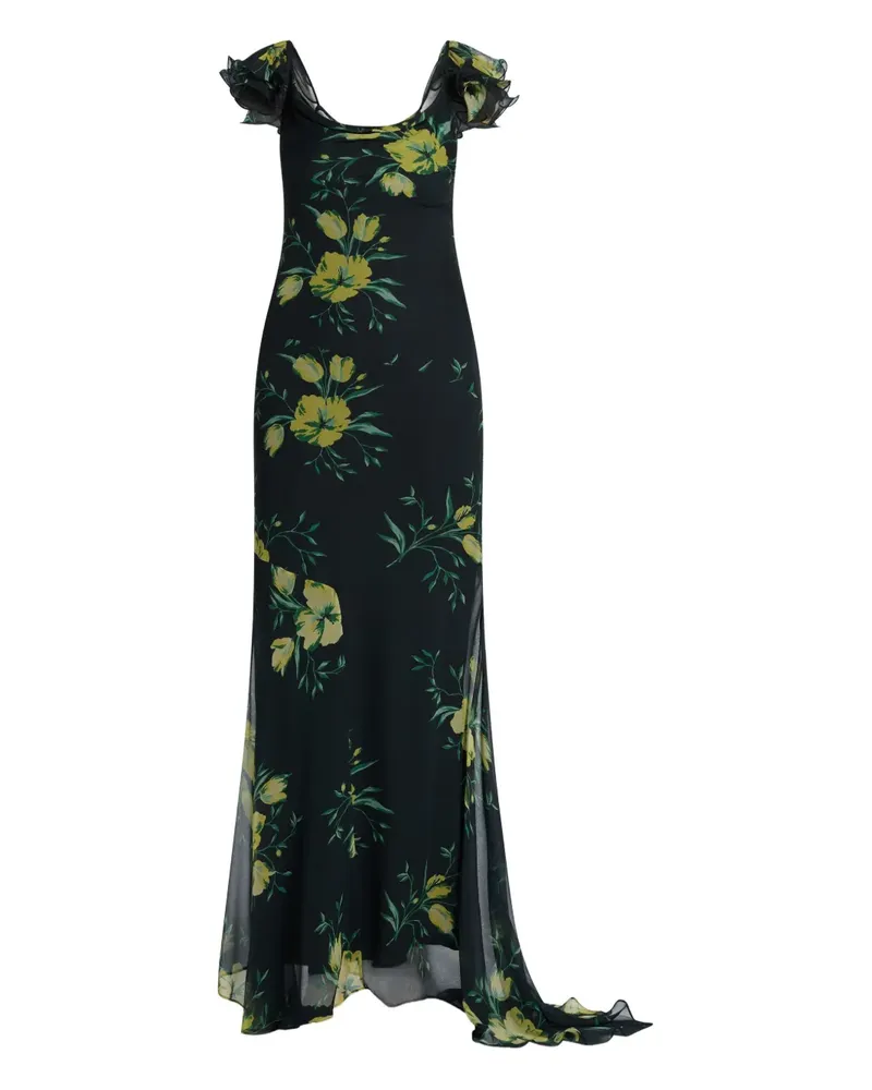 De La Vali Gerüschtes Kleid mit Blumen-Print - Schwarz Schwarz