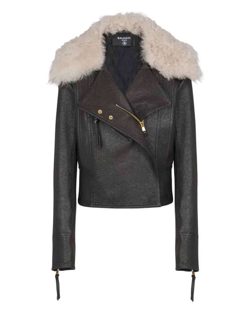 Balmain Lammleder-Bikerjacke mit Shearling-Kragen - Schwarz Schwarz