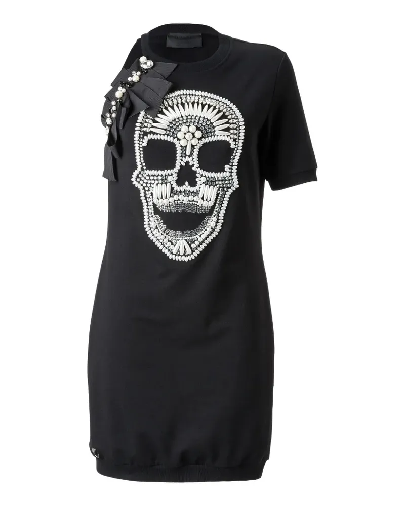 Philipp Plein Asymmetrisches Duffy Square Minikleid mit Totenkopf-Stickerei - Schwarz Schwarz