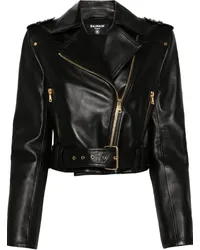 Balmain Lederjacke mit fallendem Revers Schwarz