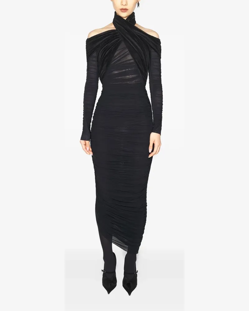Thierry Mugler Drapiertes Midikleid mit Kreuzkragen - Schwarz Schwarz