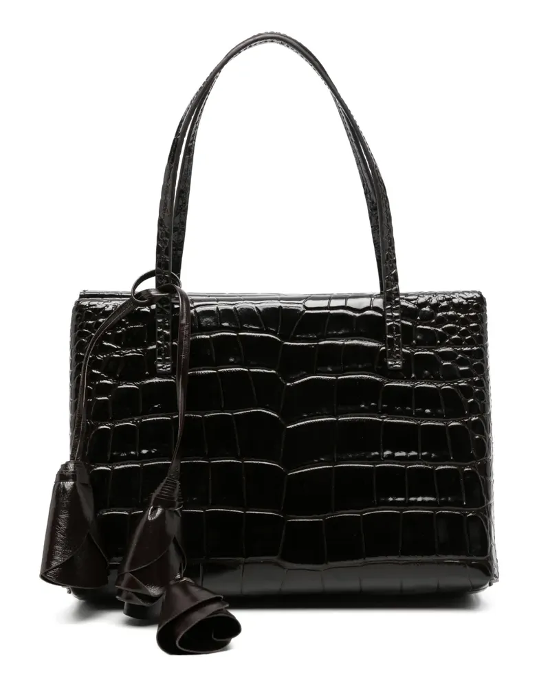 Magda Butrym Tote Bag mit Blumenanhänger in Kroko-Optik - Schwarz Schwarz