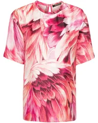 Roberto Cavalli Seiden-T-Shirt mit Gefieder-Print Rosa