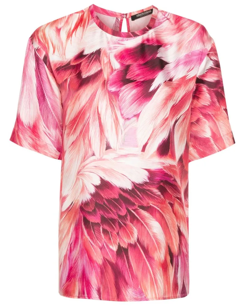 Roberto Cavalli Seiden-T-Shirt mit Gefieder-Print Rosa