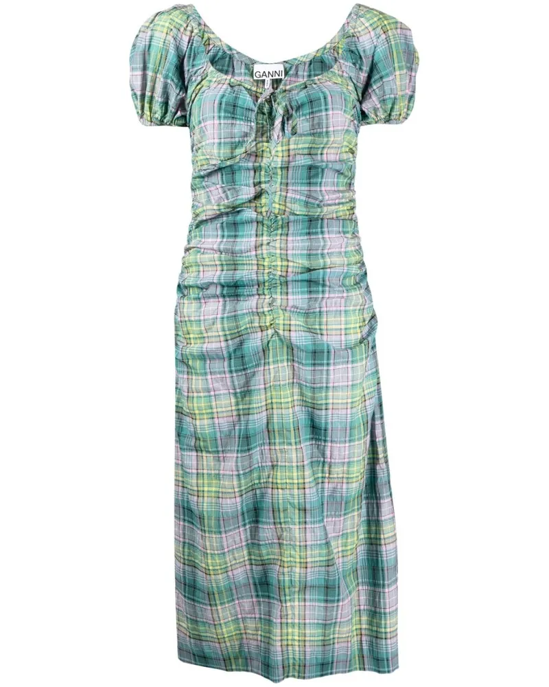 Ganni Kariertes Seersucker-Kleid - Grün Grün