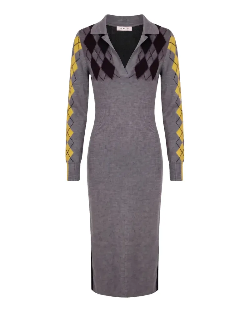 Zankov Raisa Argyle merino midi dress - Grau Grau