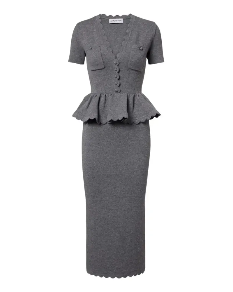Self-Portrait Geknöpftes Midikleid mit Wellensaum - Grau Grau