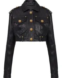 Balmain Gesteppte Cropped-Bikerjacke aus Leder Schwarz