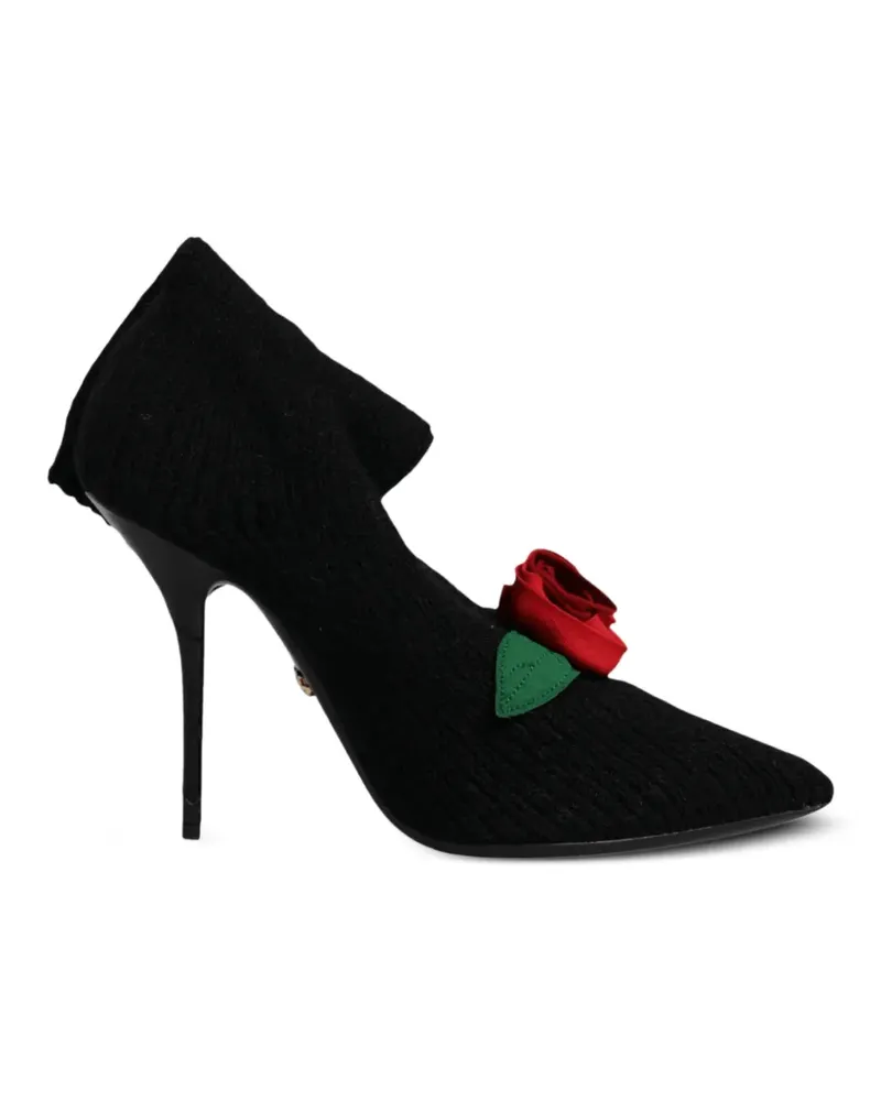 Dolce & Gabbana Gerippte Strickstiefel mit Rosenapplikation - Schwarz Schwarz