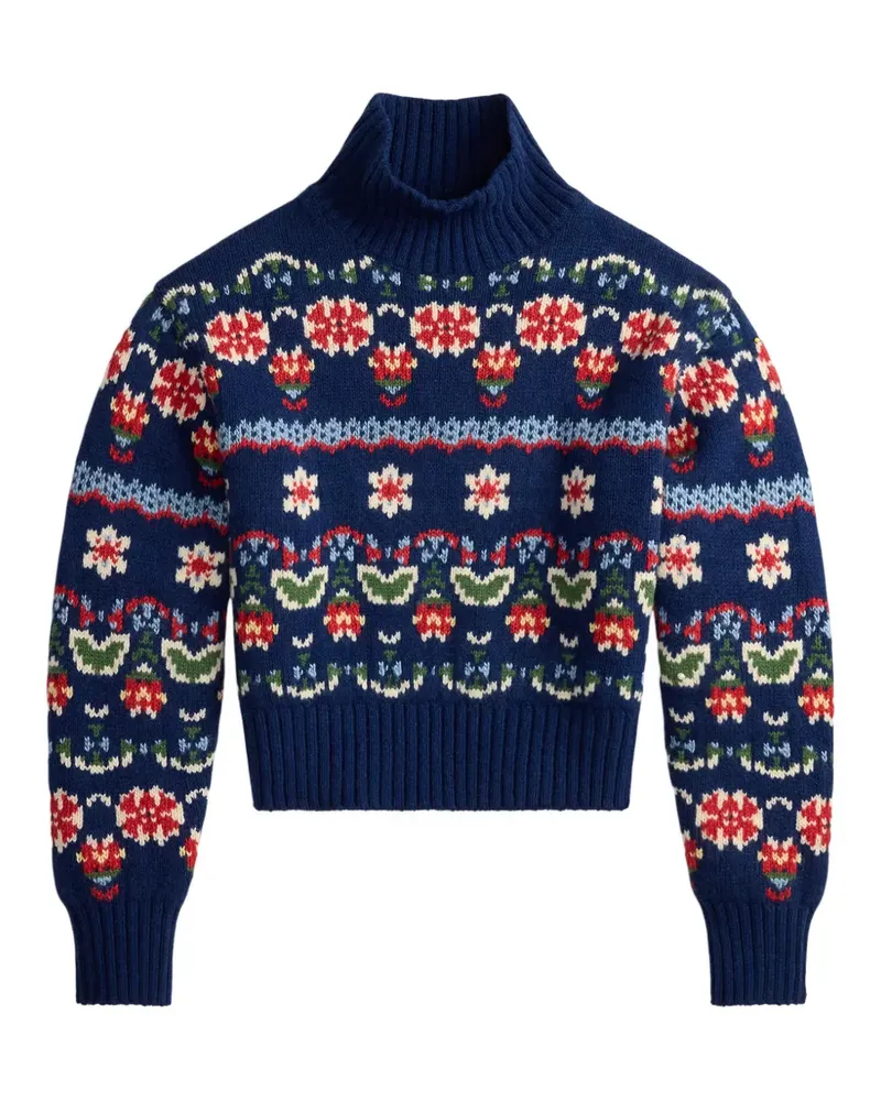 Ralph Lauren V-Ausschnitt-Pullover mit Blumen-Intarsie - Blau Blau