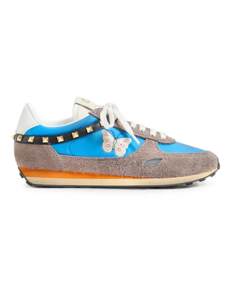 Valentino Garavani Stud Up sneaker in split leather and nylon with butterfly embroidery - Blau Blau